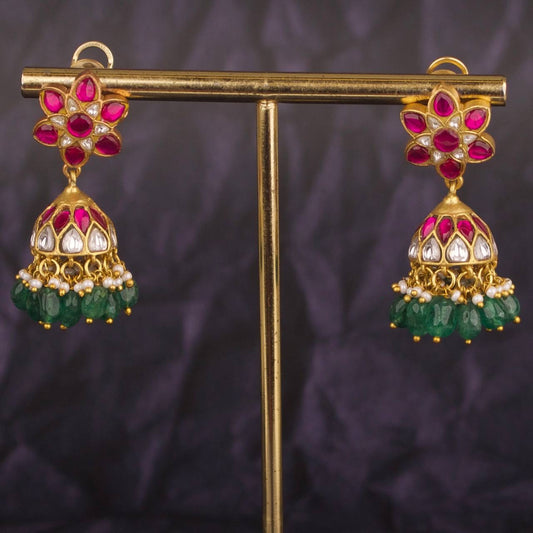 Floral Studded Jadau Kundan Jhumki Earrings With Strawberry Beads As Hangings