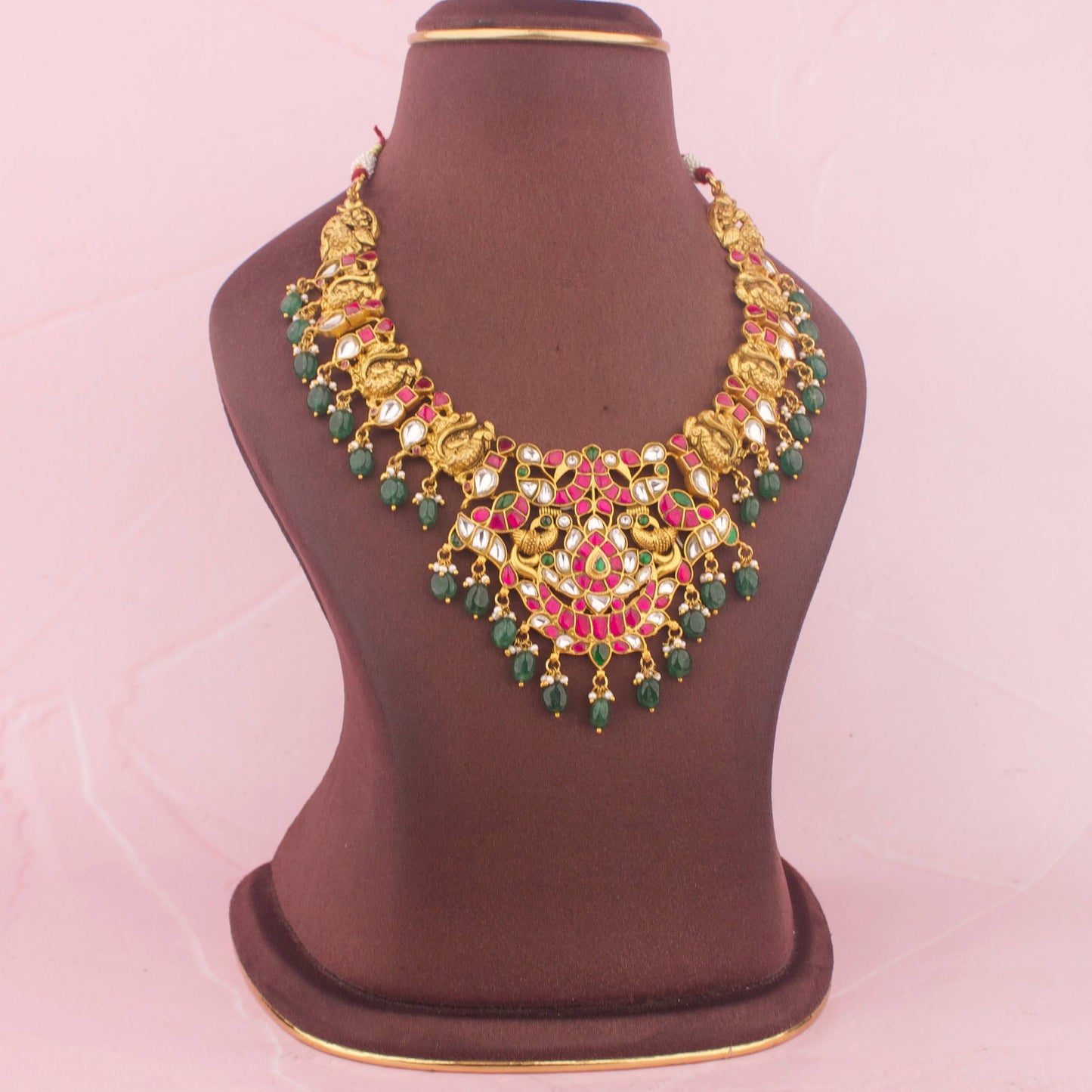 Regal Jadau Kundan Necklace With Emerald Beads