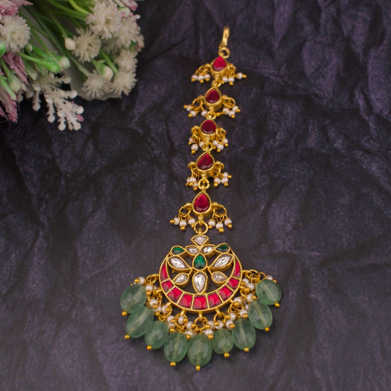 Bridal Jadau Kundan Full Chain Maangtika With Green Beads