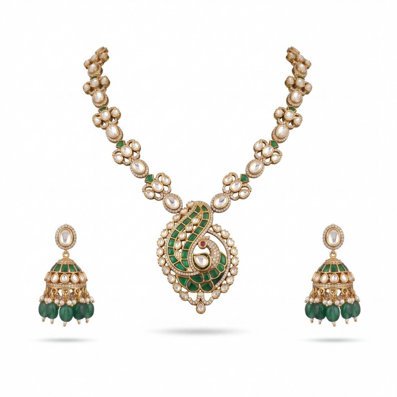 Latest Peacock Design Victorian Fusion Kundan & Polki Necklace Set