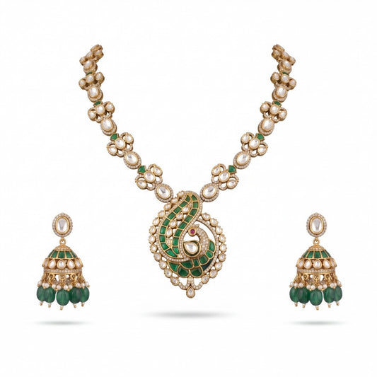 Premium Latest Peacock Design Victorian Fusion Kundan & Polki Necklace Set adorned with pearls