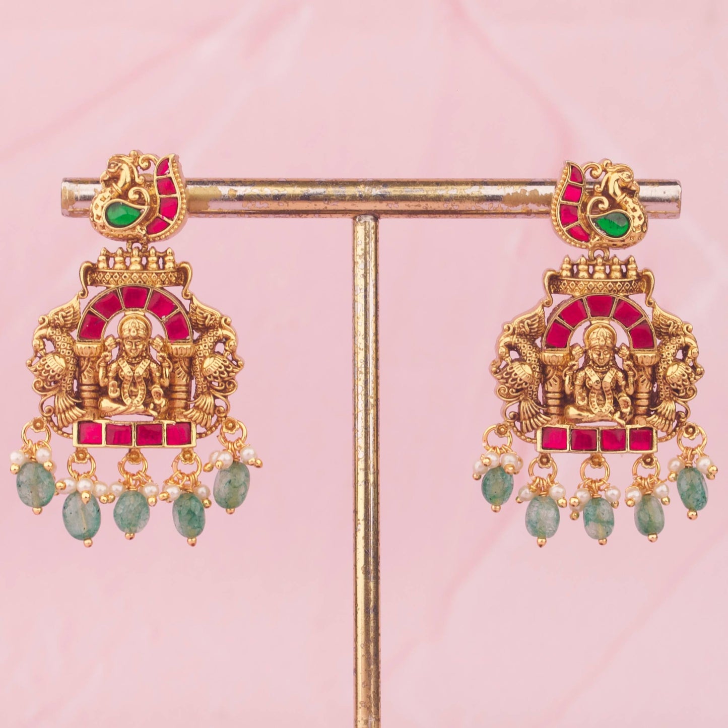 Jadau Kundan Lakshmi Temple Necklace Set With Green Beads