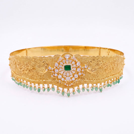 Gold Inspired Hipbelt / Vaddanam With Green Beads Hangings - Handcrafted Indian Bridal Jewelry by Dulhan Jewels