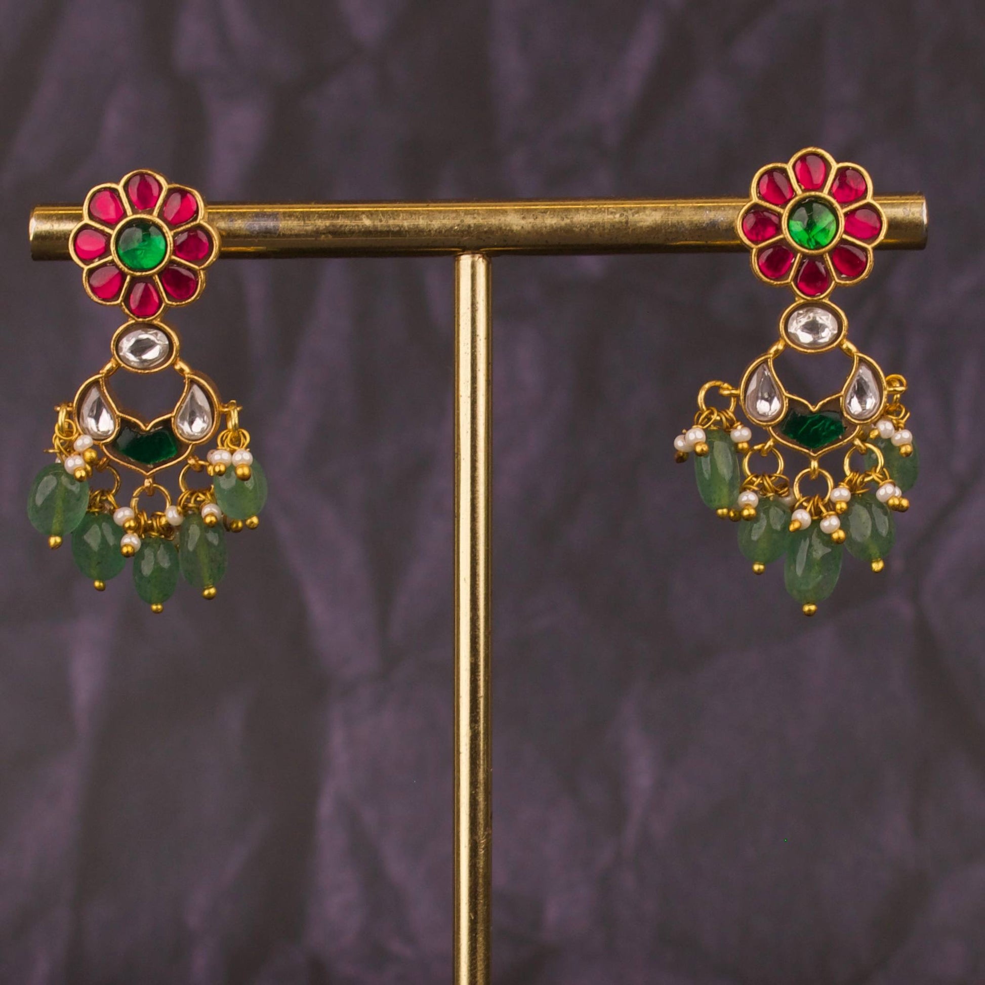 Floral Studded Small Sized Jadau Kundan Chandbali Earrings