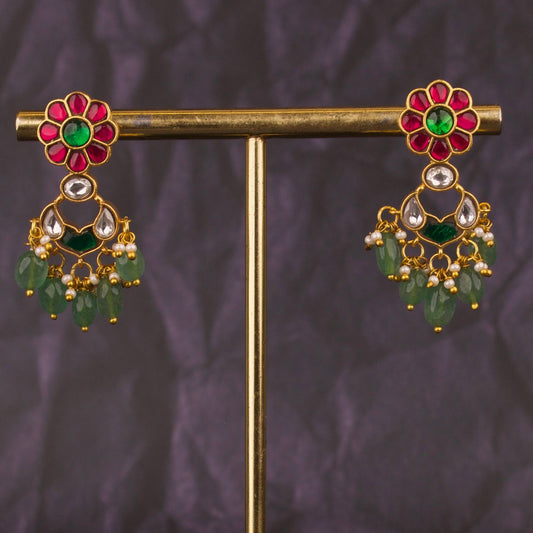 Floral Studded Small Sized Jadau Kundan Chandbali Earrings
