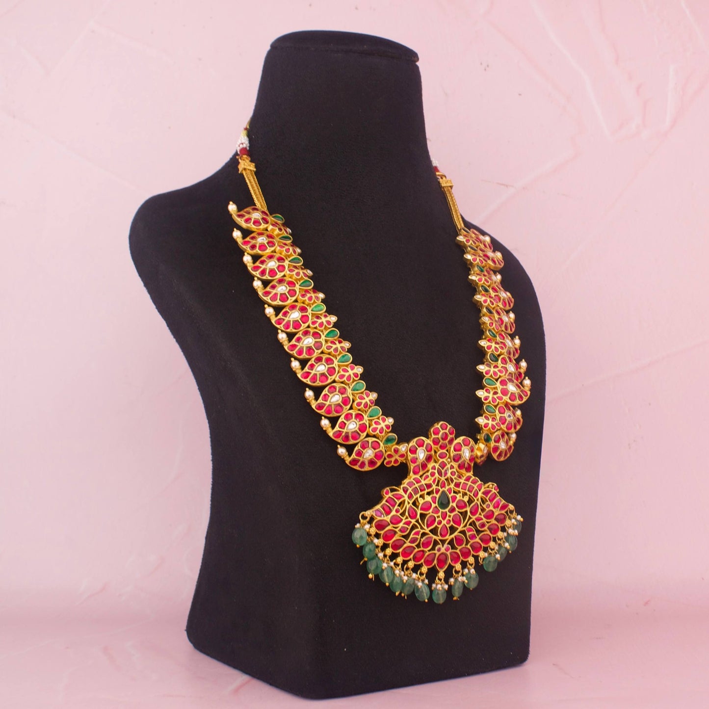 Grand Bridal Jadau Kundan Mango Haram With Green Bead Hangings