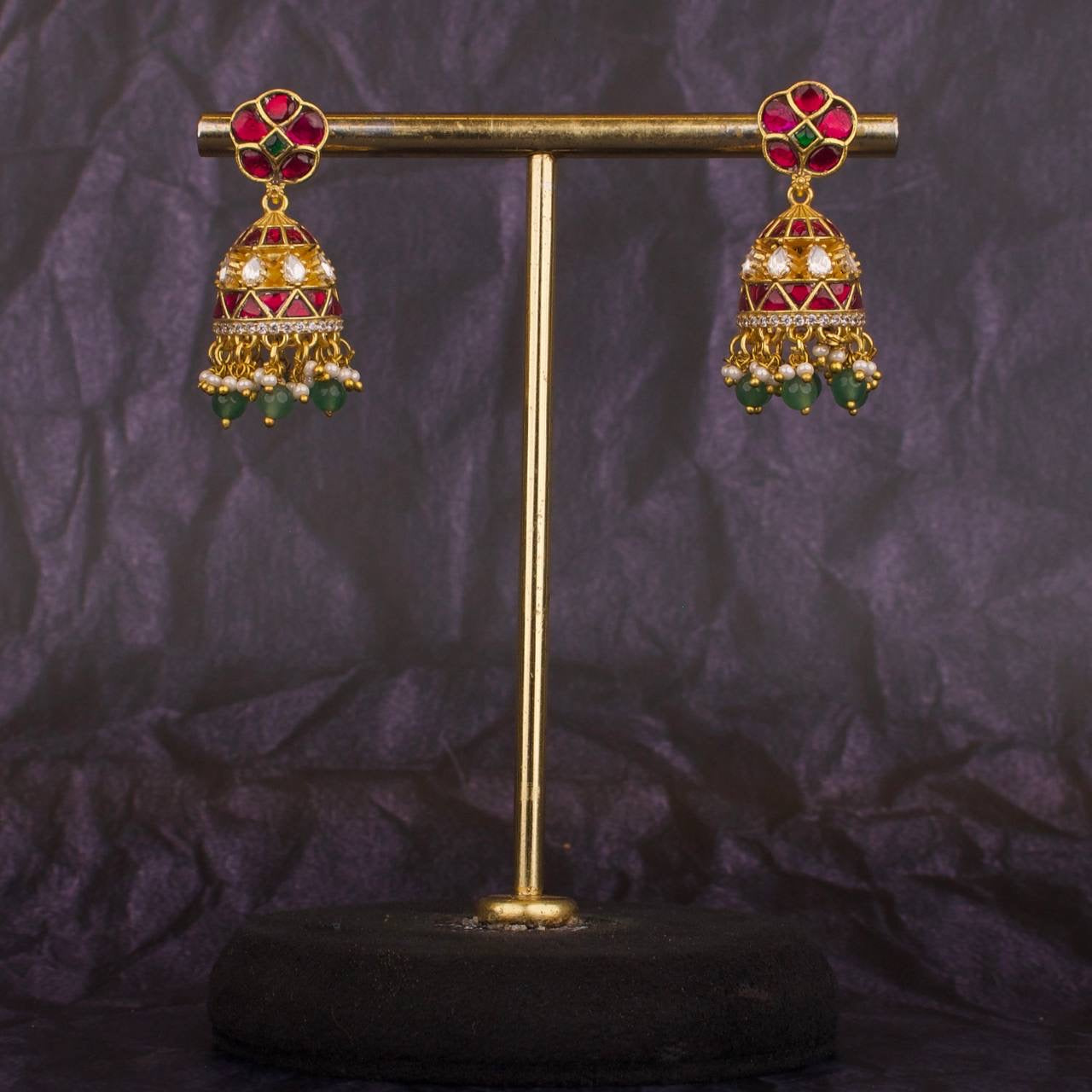 Floral Studded Jadau Kundan Sleek Jhumki Earrings
