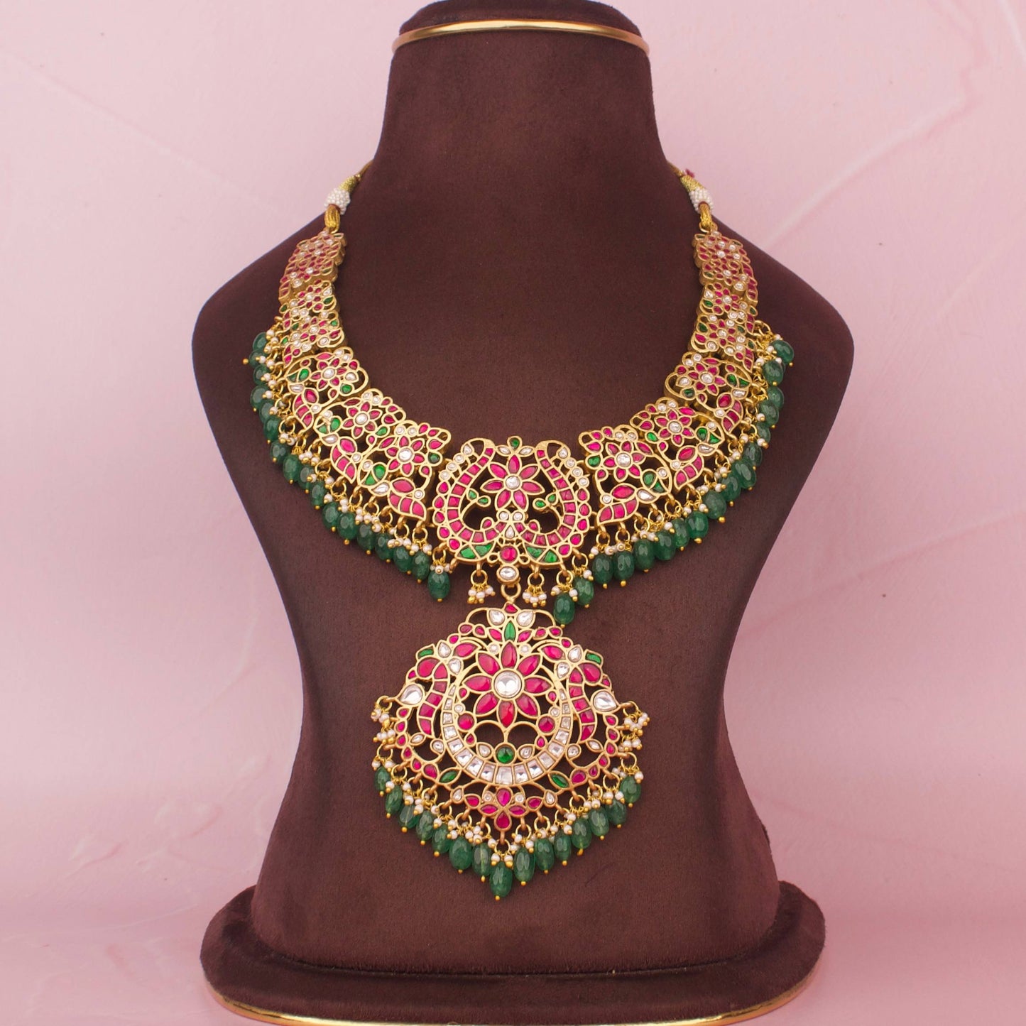 Traditional  Jadau Kundan Necklace In 22C Gold Plating With Beads Hangings