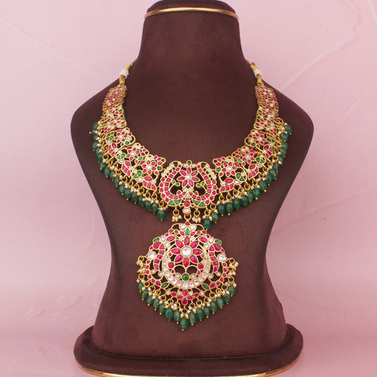 Traditional  Jadau Kundan Necklace In 22C Gold Plating With Beads Hangings