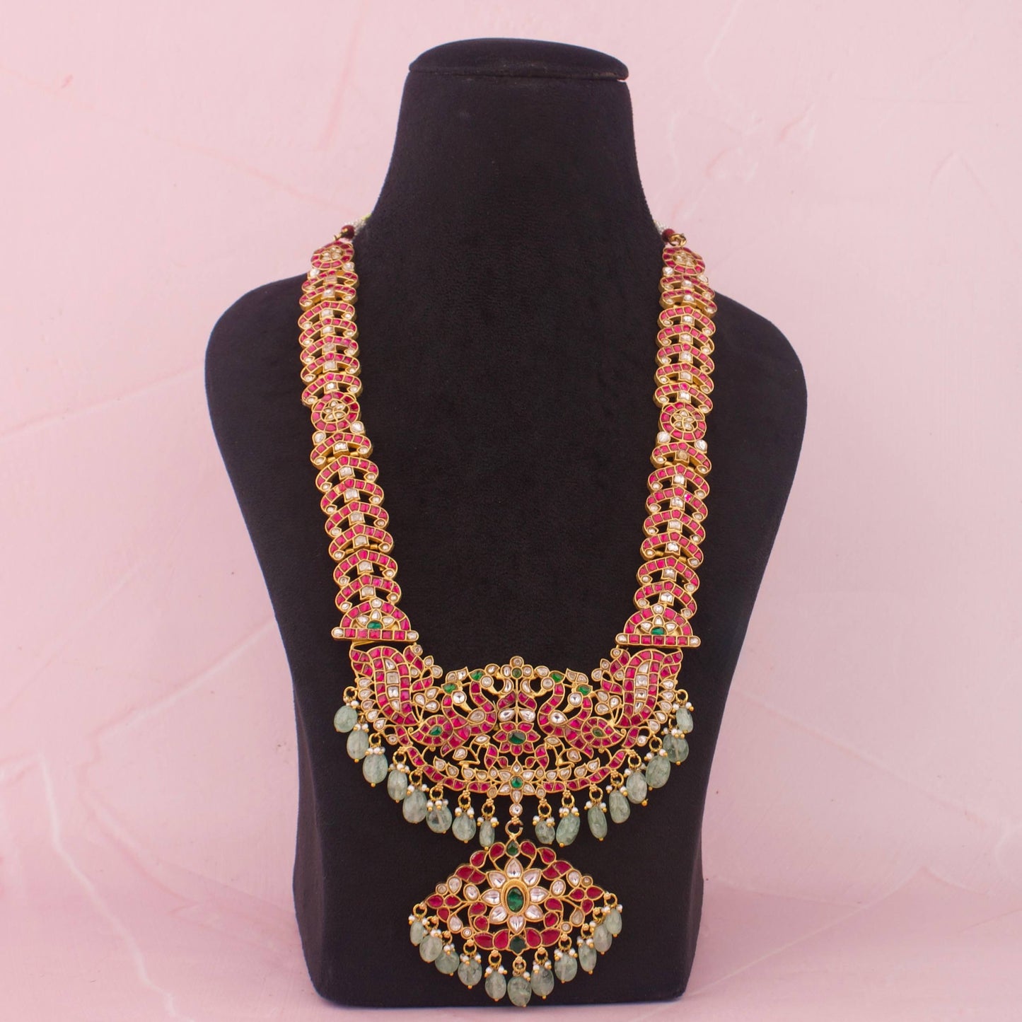 Bridal Jadau Kundan Long Haram With Emerald Beads