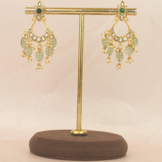 Classic Jadau Kundan white Chand Bali With Green Beads Hanging