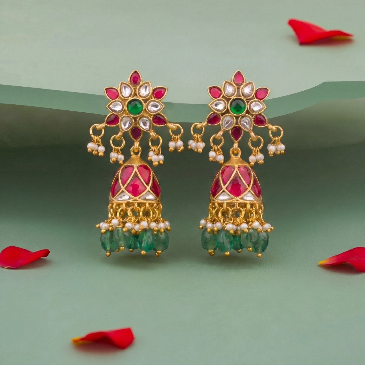 Elegant Floral Jadau Kundan Earrings With Green Drops