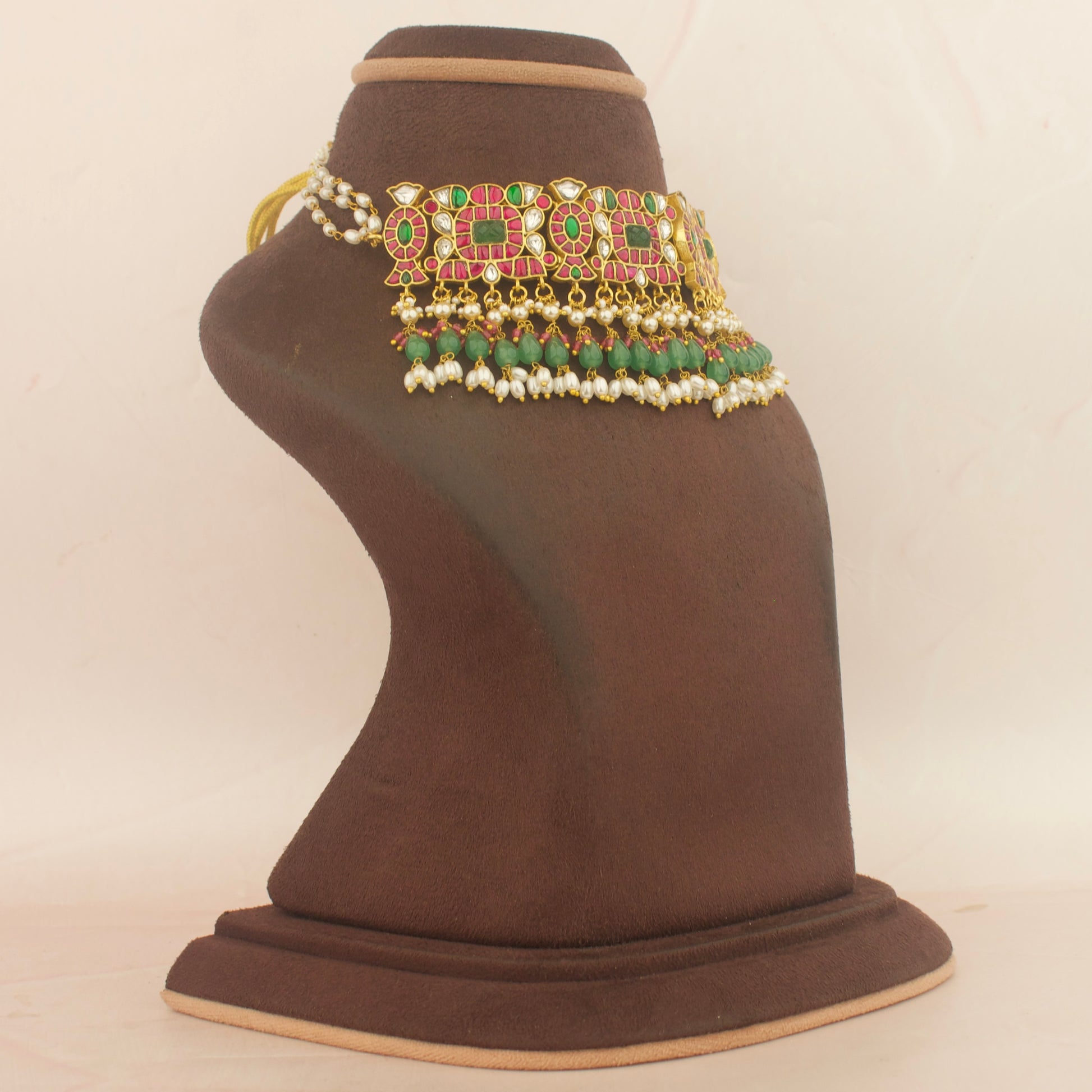Graceful Latest Design Jadau Kundan Choker With Swarovski Pearl Hangings