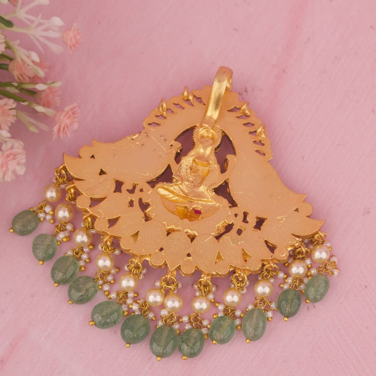 Divine Laxmi Devi Jadau Kundan Necklace With Pearl & Bead As Droplet