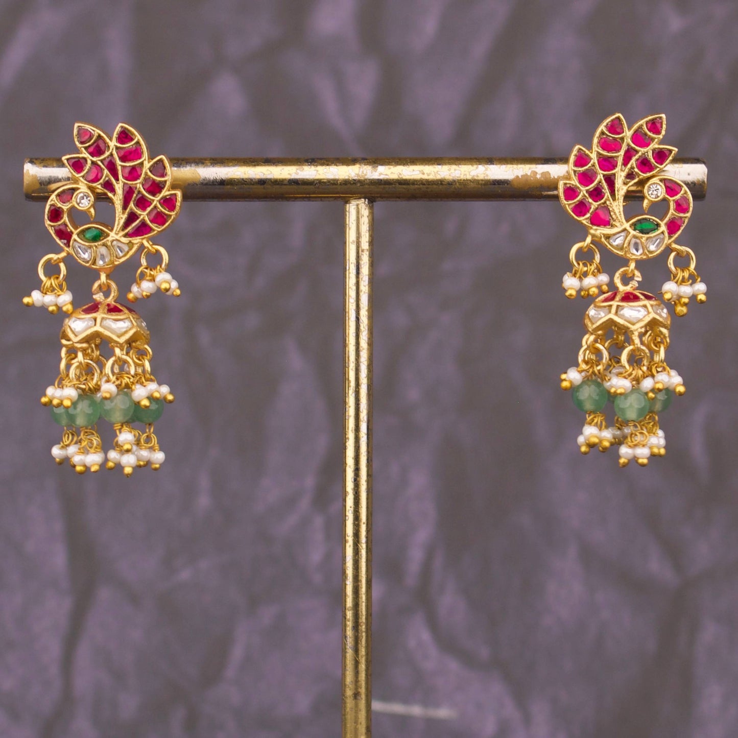 Ethnic Peacock Jhumka Earrings With Green Bead Drops