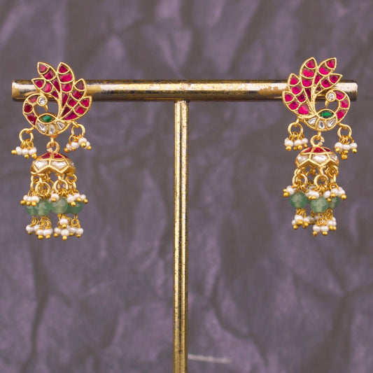 Ethnic Peacock Jhumka Earrings With Green Bead Drops