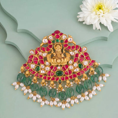 Traditional Jadau Kundan Pendant With Green Hangings