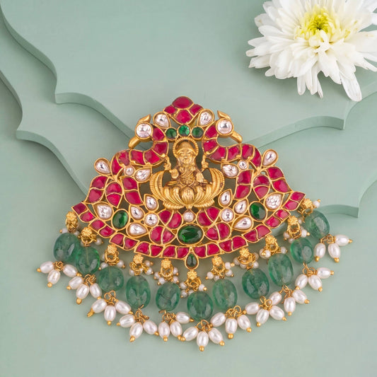 Traditional Jadau Kundan Pendant With Green Hangings