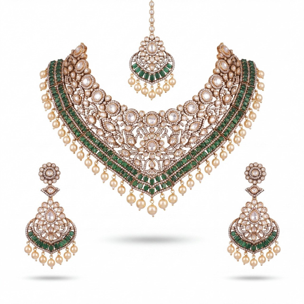 Traditional Moissanite Polki Choker Set With Matching Maangtikka & Earrings