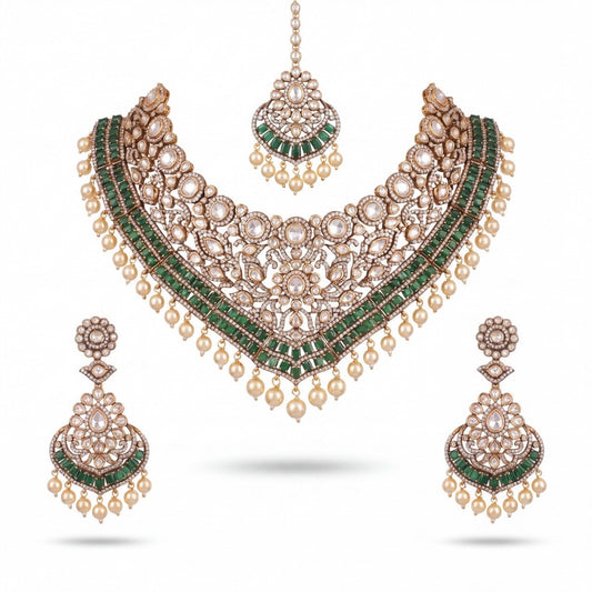 Traditional Moissanite Polki Choker Set With Matching Maangtikka & Earrings