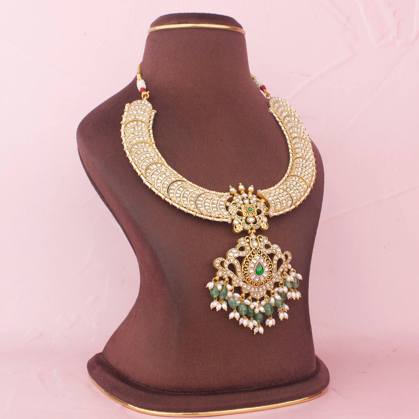 Ethnic Jadau Kundan Necklace With Pearl And Emerald Drops