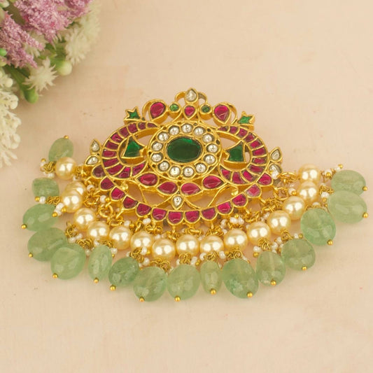 floral jadau kundan hanging locket with pearl fringe and green beads