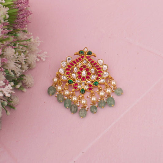 Beautiful Jadau Kundan Peacock Pendant With Pearls & Beads Hanging