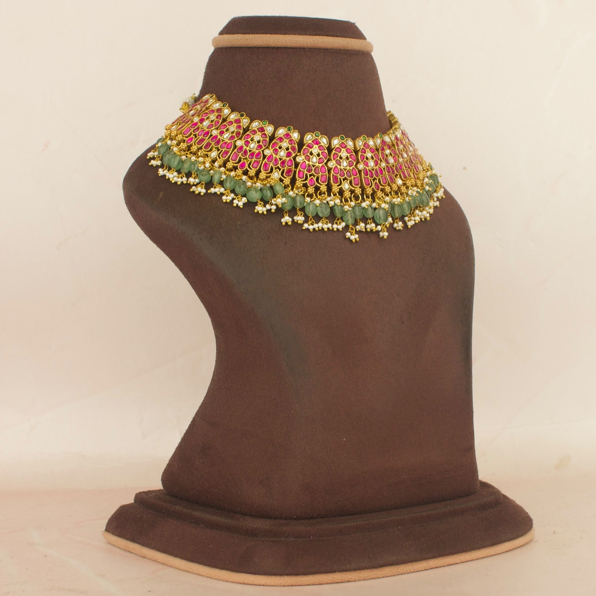 Jadau Kundan Floral Design Short Necklace With Beads Hangings
