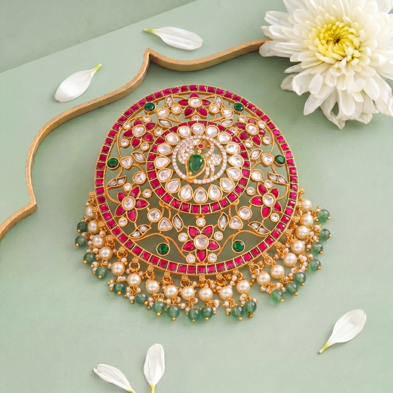 Royal Jadau Kundan Bridal Statement Locket With Red Stones, Green Center And Pearl Beads