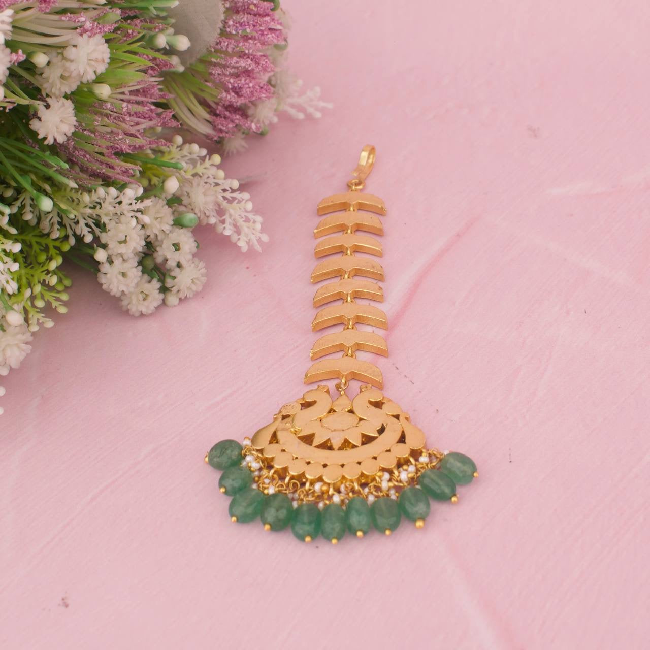 Bridal Long Jadau Kundan Maang Tikka With Beads