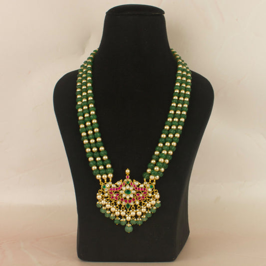Opulent Floral Peacock Design Jadau Kundan haram with Green Beads