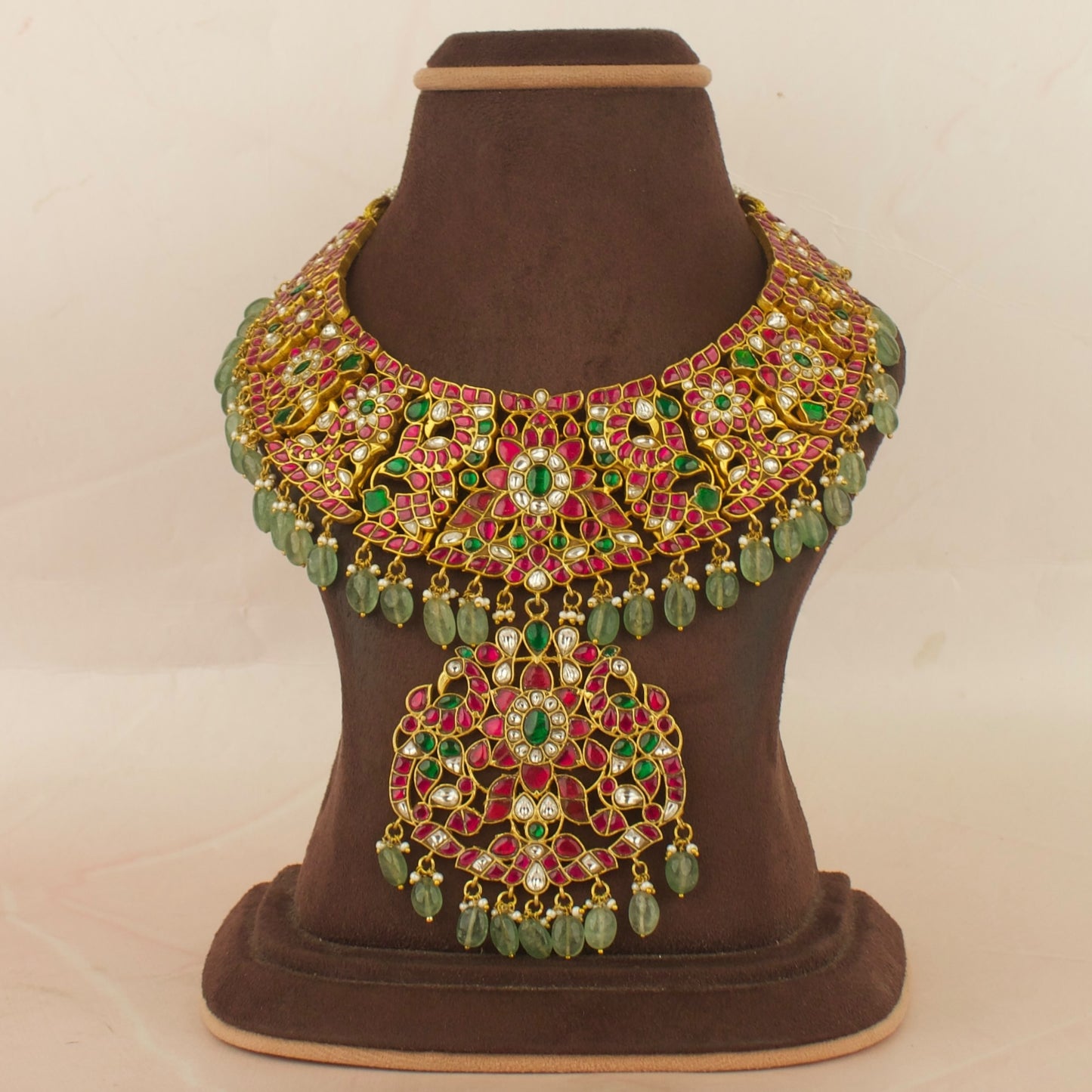 Grand Bridal Floral Design Jadau Kundan  Necklace with Green Beads
