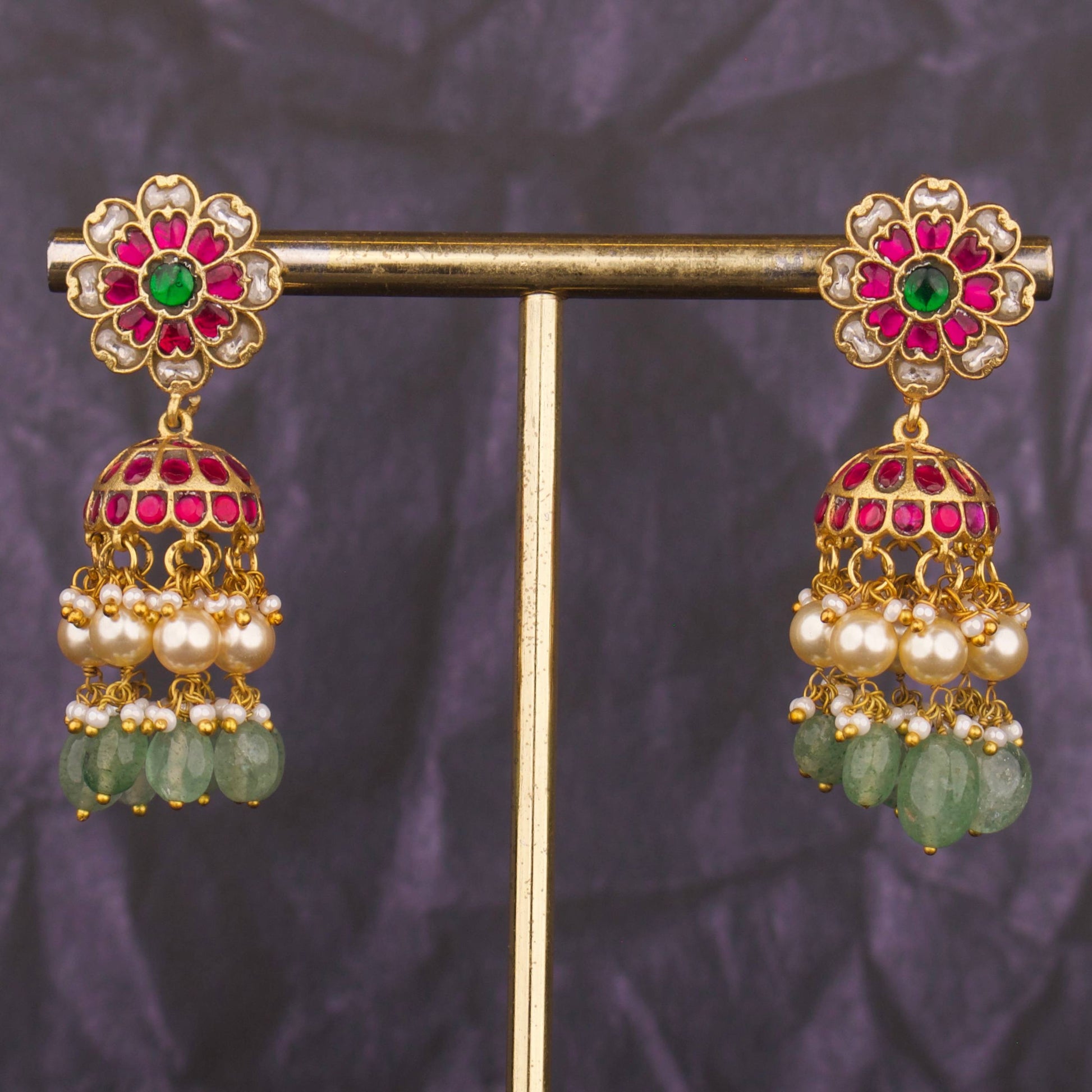Floral Studded Jadau Kundan Jhumki With Pearl & Beads Hangings