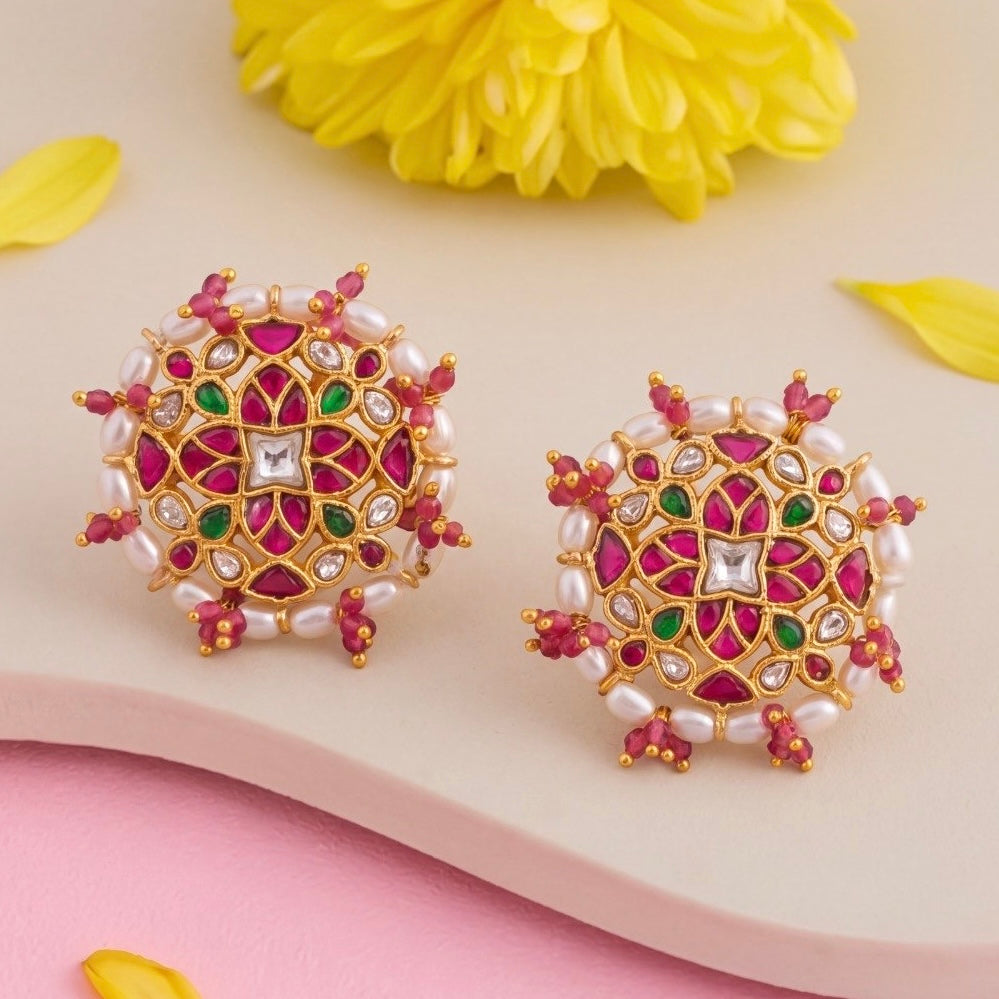 Gold Inspired Jadau Kundan Stud Earrings With Pearl Bordering