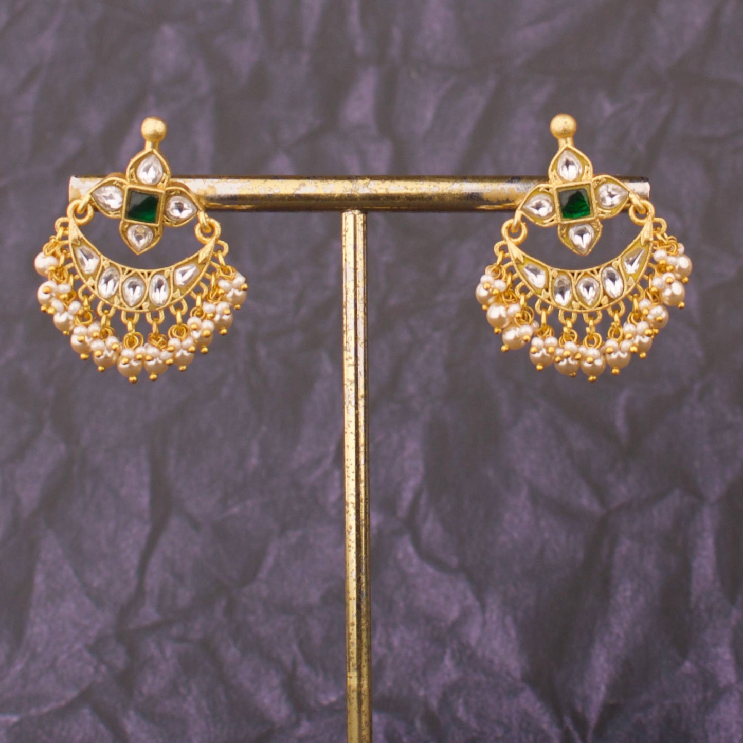 Sleek Jadau Kundan Chandbali Earrings With Swarovski Pearl Hangings