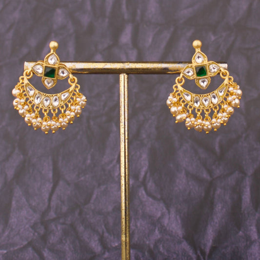 Sleek Jadau Kundan Chandbali Earrings With Swarovski Pearl Hangings