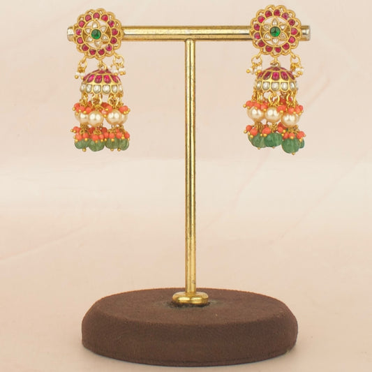 Impressive Floral Design Studded Jadau Kundan Jhumki with Orange beads