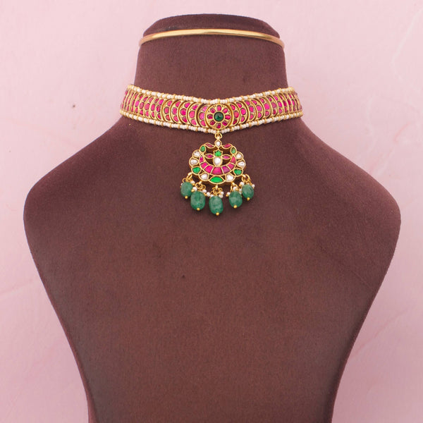 Classic Indian Choker With Pearl Bordering And Green Drops