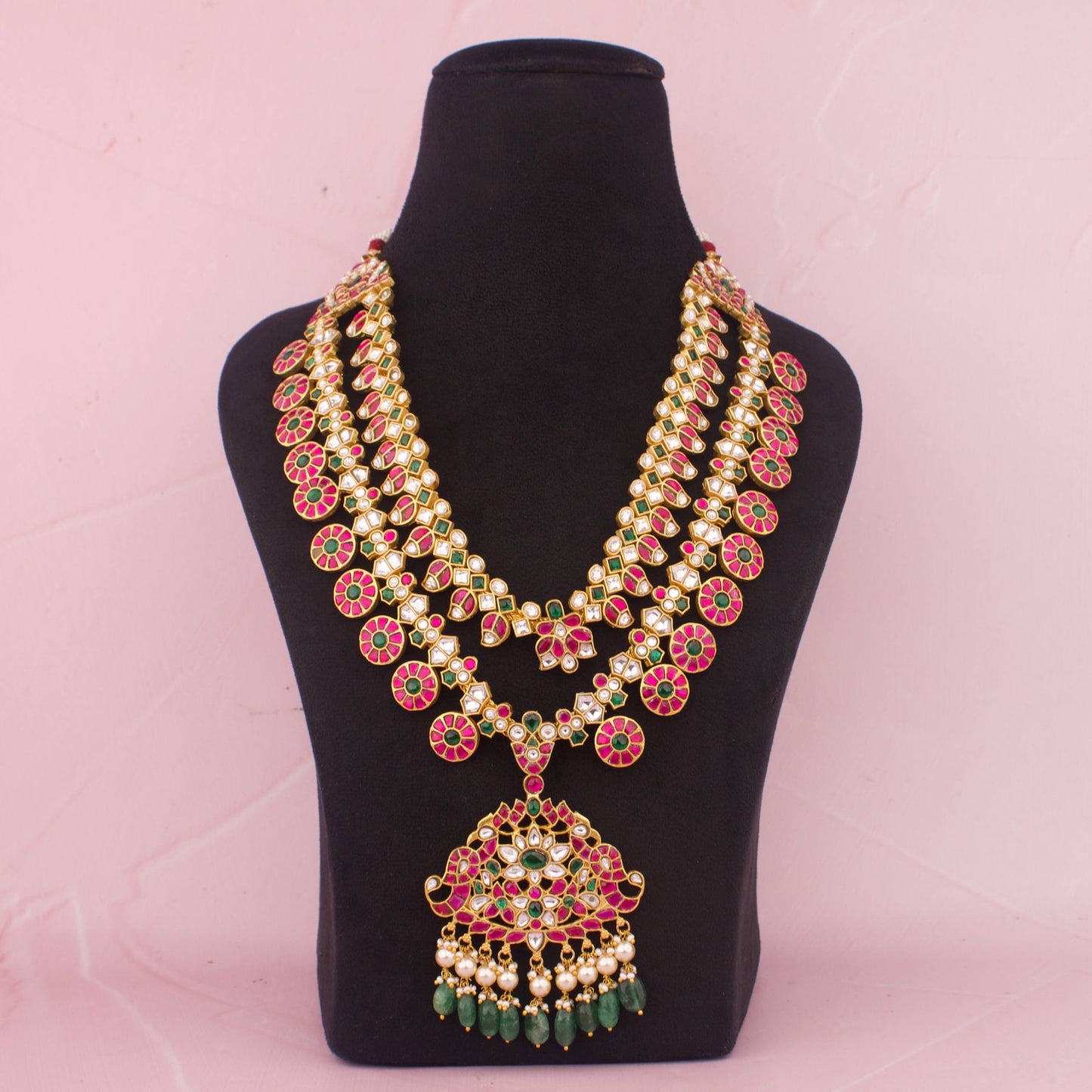 Royal Multi-Stone Jadau Kundan Bridal Long Necklace With Pendant And Emerald Drops