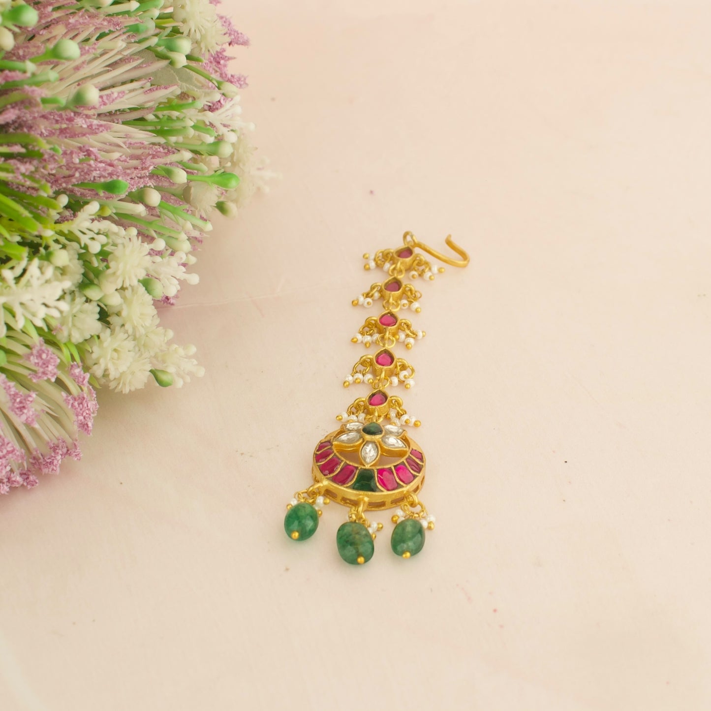 Gold chain Flower design Jadau Kundan Maang Tikka with Green Beads