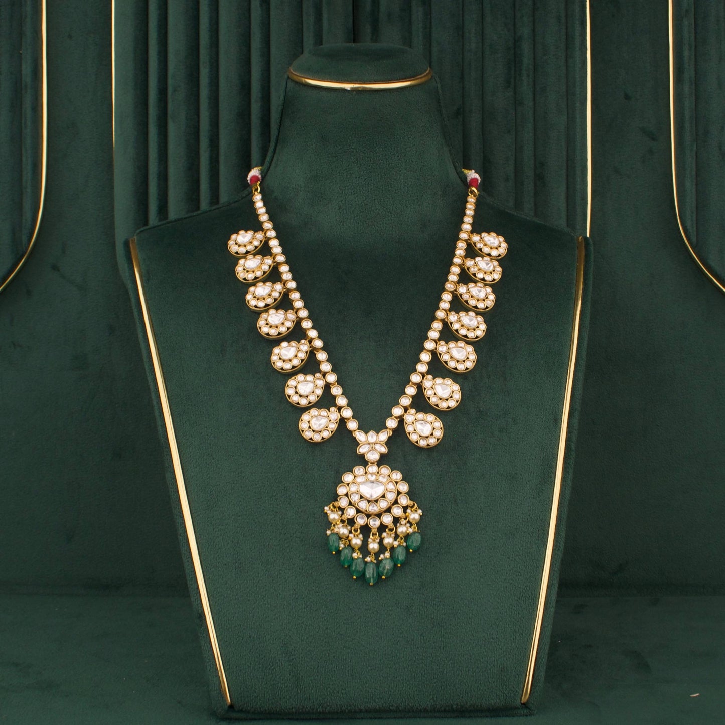 Polki Necklace Set With Green Beads And Matching Earrings