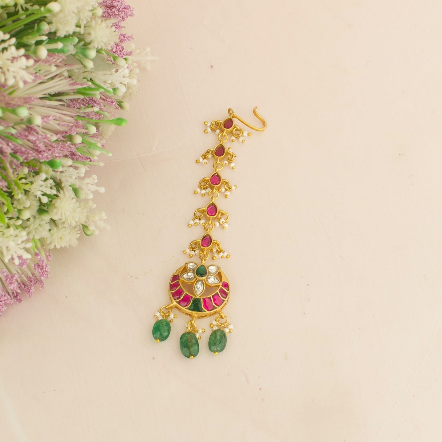 Gold chain Flower design Jadau Kundan Maang Tikka with Green Beads