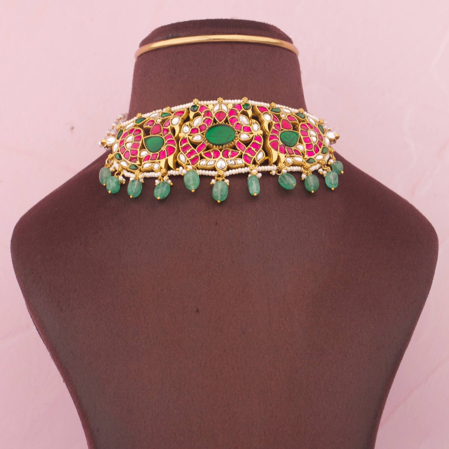 Peacock Design Pink-Green Jadau Kundan Choker With Emerald Center Stone And Green Hangings