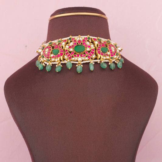 Peacock Design Pink-Green Jadau Kundan Choker With Emerald Center Stone And Green Hangings