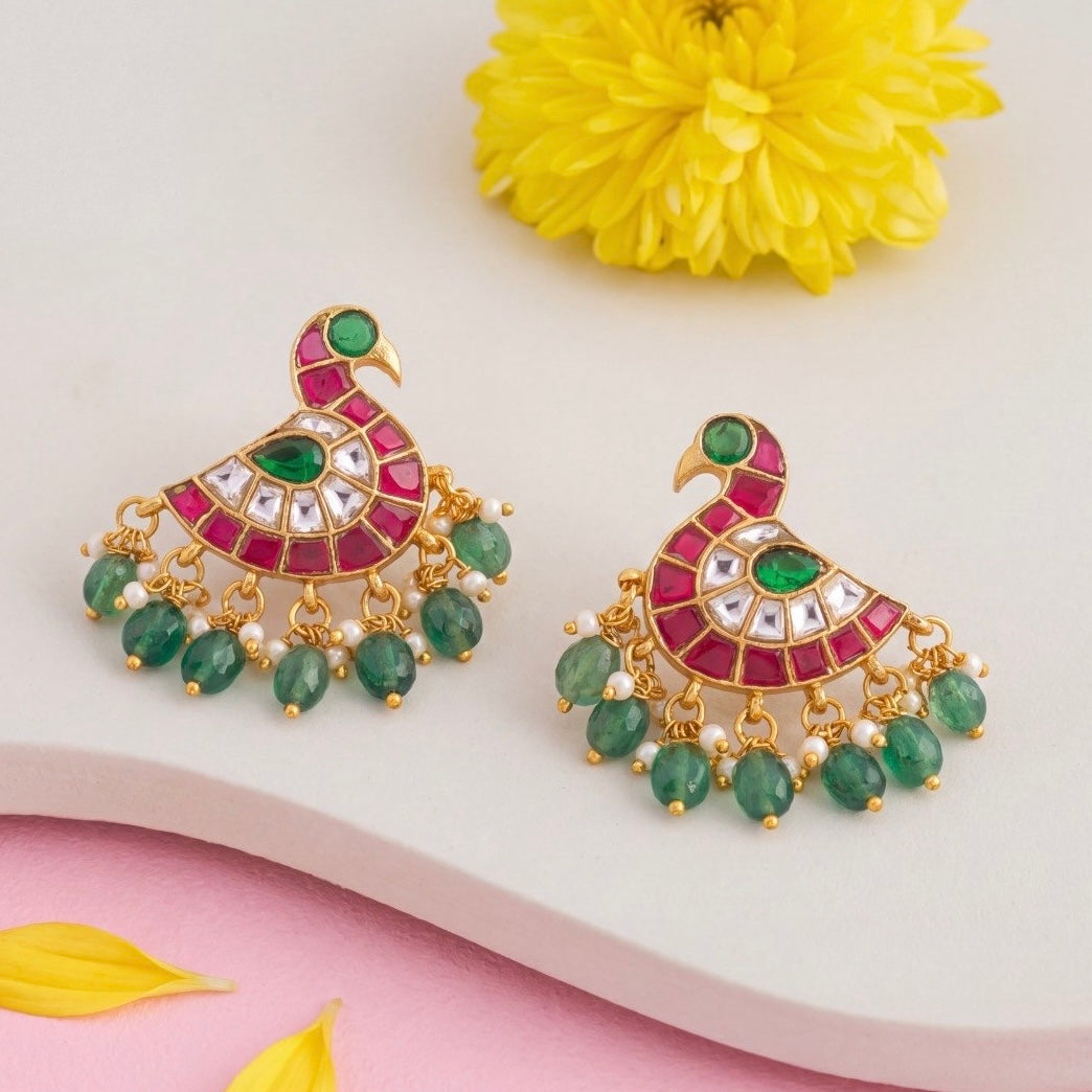 Majestic Peacock Design Jadau Kundan Studs With Emerald Beads