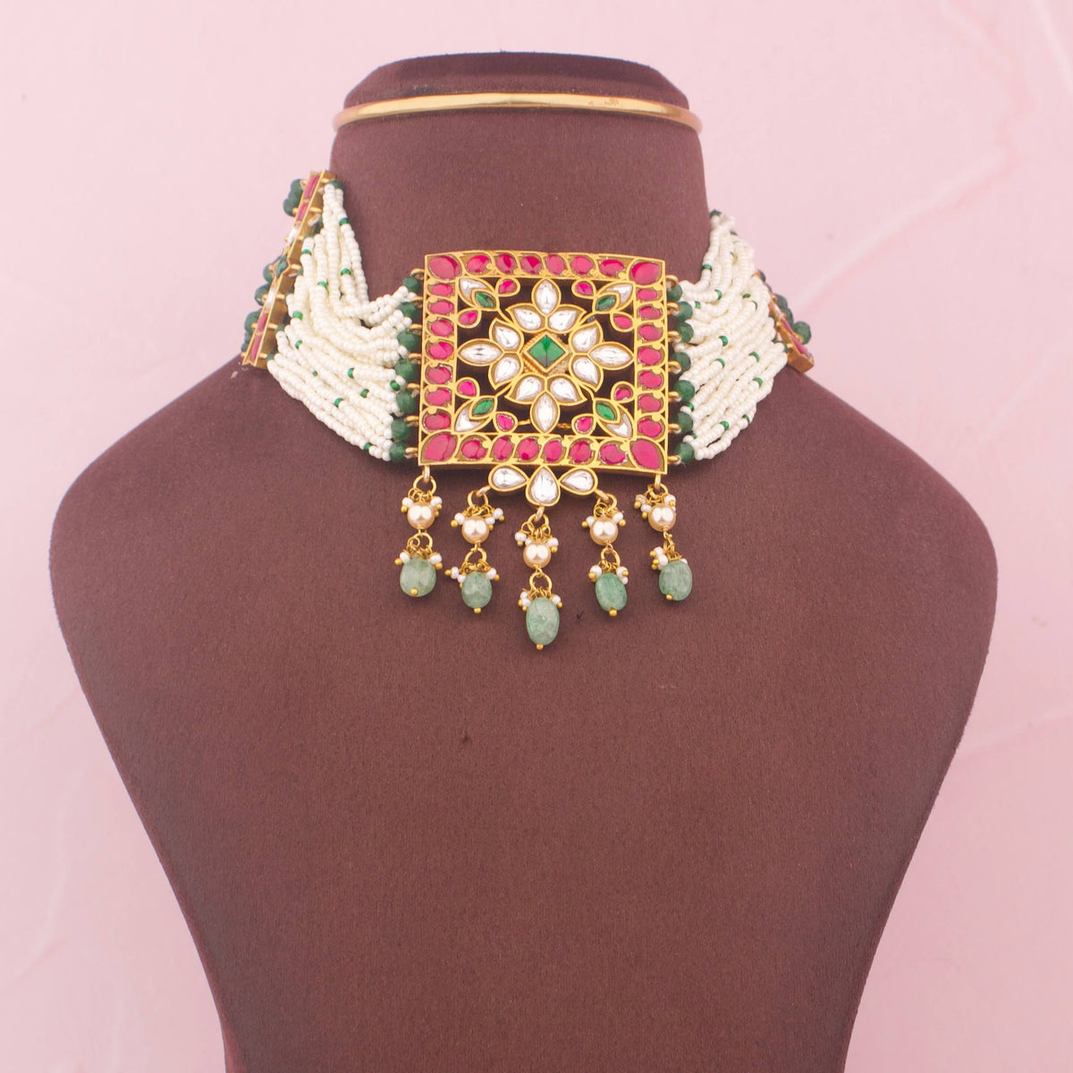 Elegant Jadau Kundan Choker With Green Drops