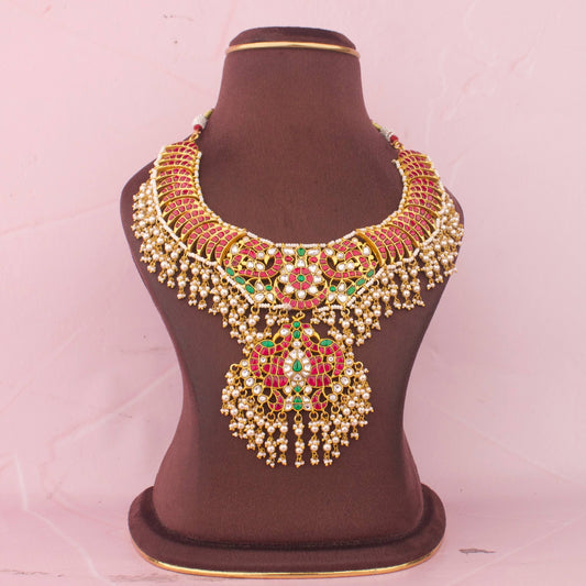 Royal Jadau Kundan Necklace With Guttapusalu Hangings