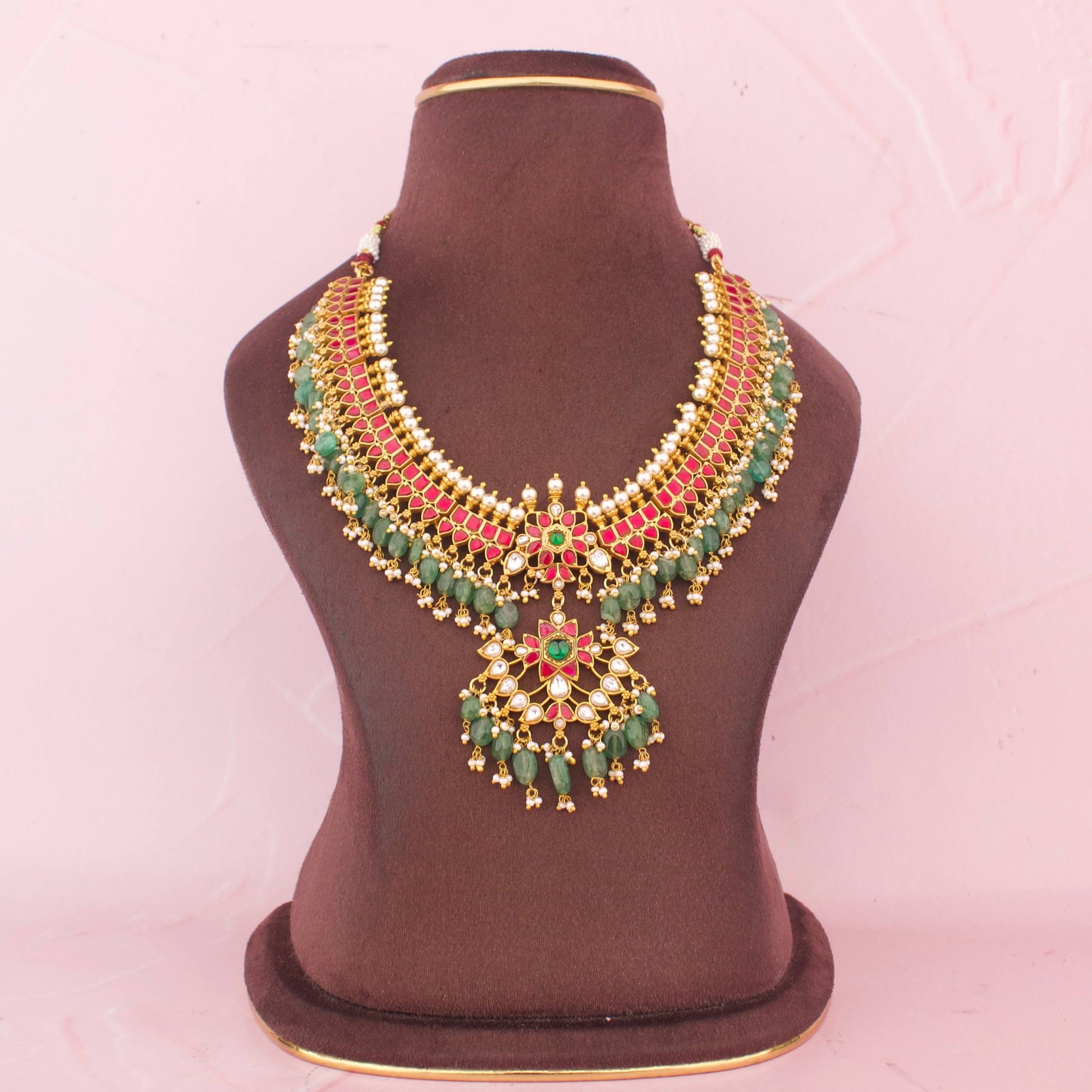 Royal Jadau Kundan Necklace With Green Beads