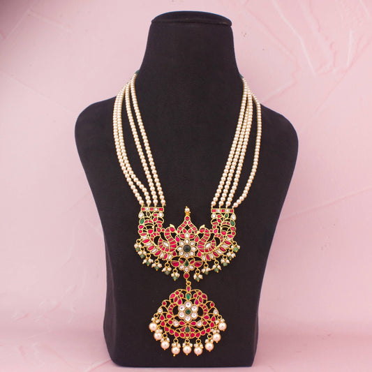 Designer Jadau Kundan Necklace With Layered Pearl Beads And Royal Pendant