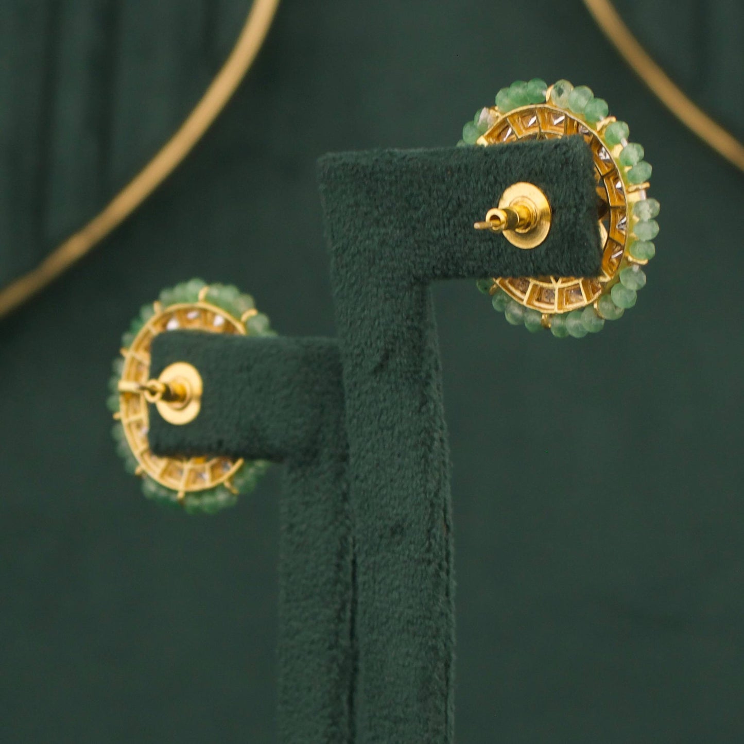 Moissanite Polki Stud Earrings With Green Beads Bordering Craftsmanship & Detail View - Dulhan Jewels